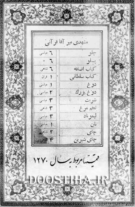 قیمت انواع کباب در سال 1270